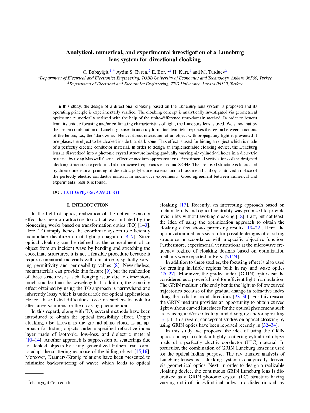 Analytical, Numerical, and Experimental Investigation of a Luneburg Lens System for Directional Cloaking