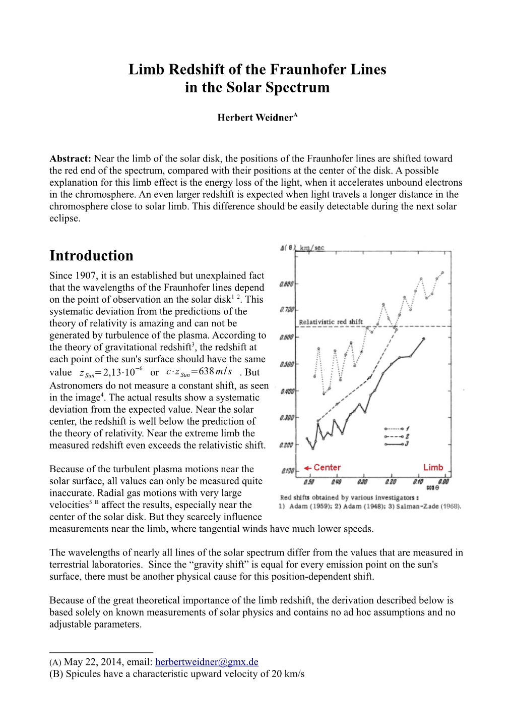 Limb Redshift of the Fraunhofer Lines in the Solar Spectrum Introduction