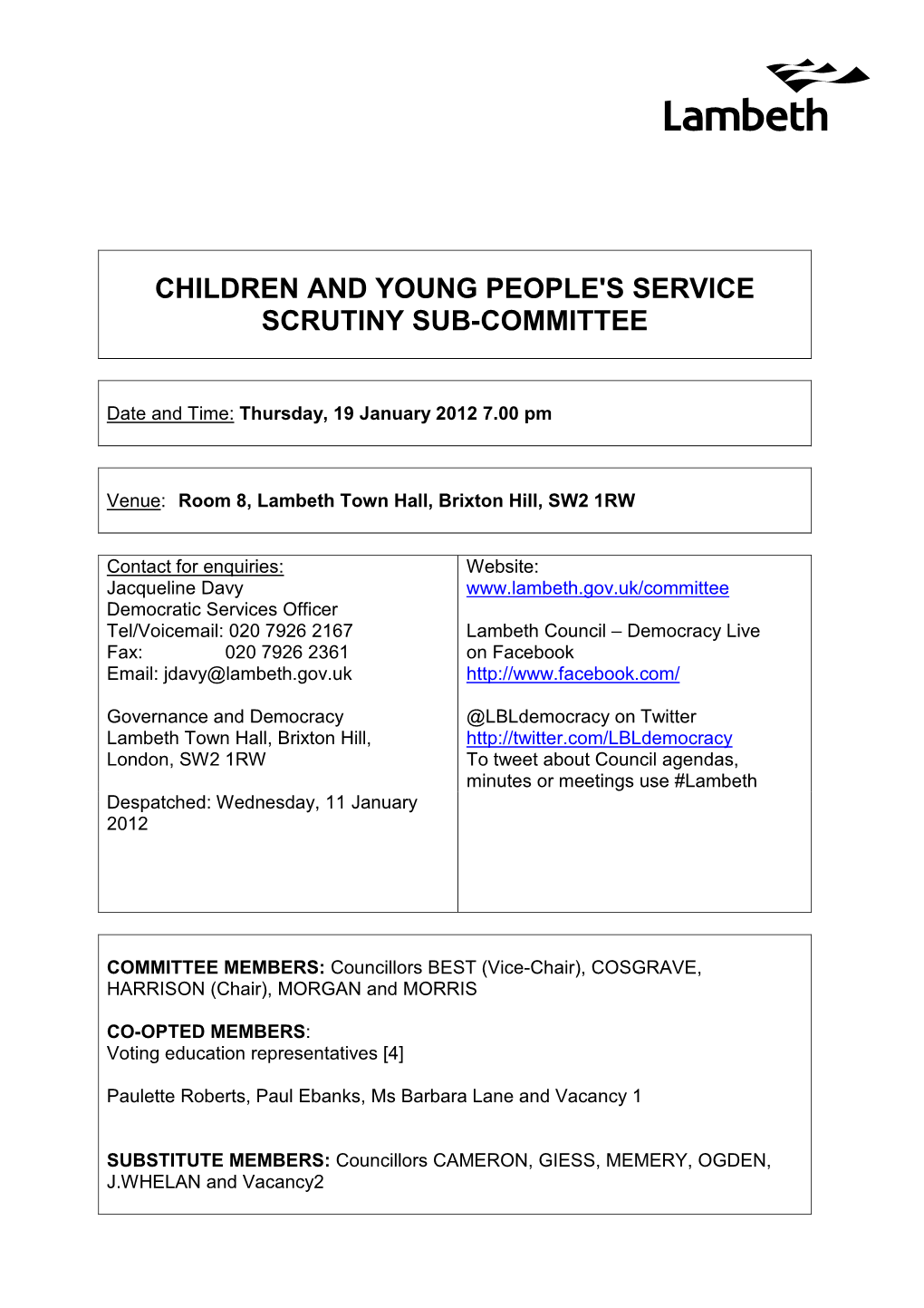 Children and Young People's Service Scrutiny Sub-Committee
