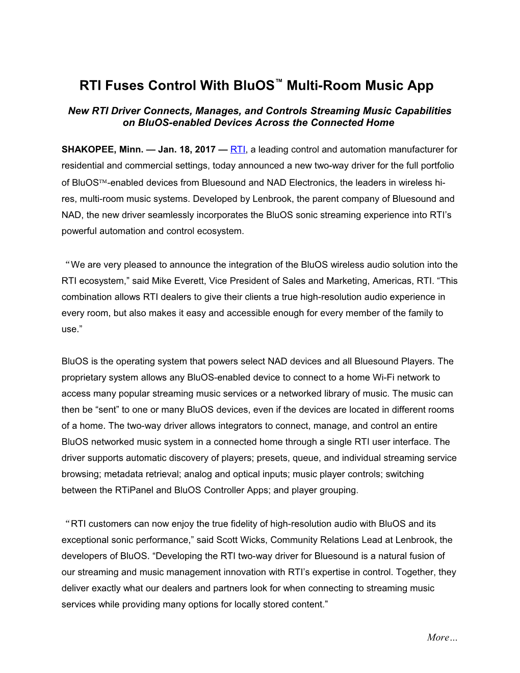 RTI Fuses Control with Bluos Multi-Room Music App