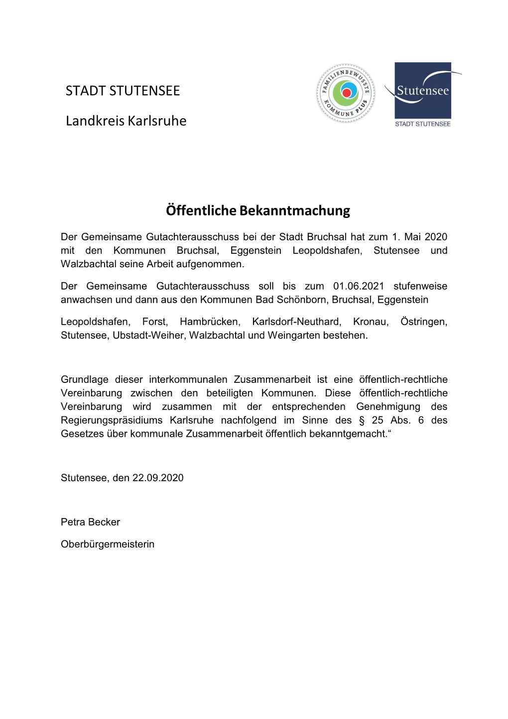 STADT STUTENSEE Landkreis Karlsruhe Öffentliche