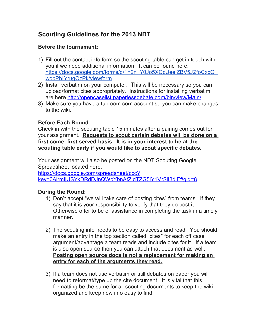 Scouting Guidelines for the 2013 NDT