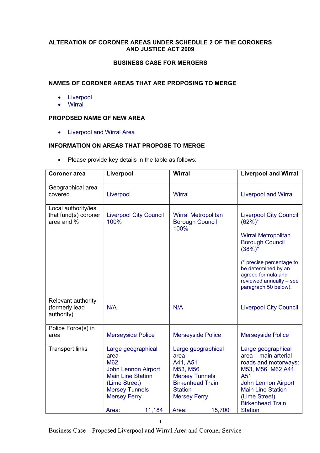 Business Case – Proposed Liverpool and Wirral Area and Coroner Service Coroner Area Liverpool Wirral Liverpool and Wirral