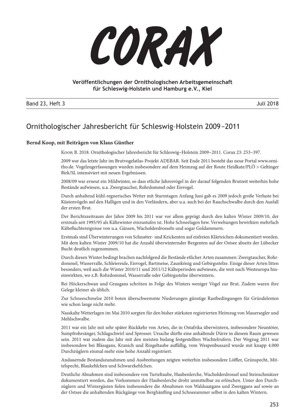 Ornithologischer Jahresbericht Für Schleswig–Holstein 2009—2011