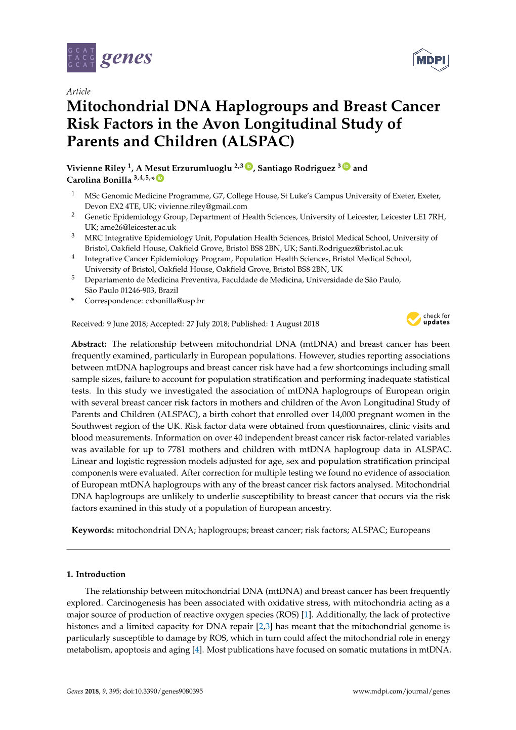 Mitochondrial DNA Haplogroups and Breast Cancer Risk Factors in the Avon Longitudinal Study of Parents and Children (ALSPAC)