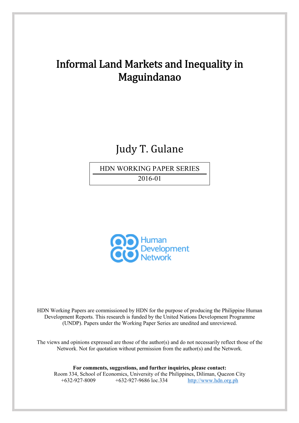 Informal Land Markets and Inequality in Maguindanao