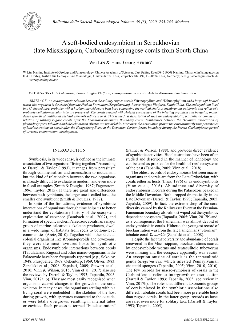 A Soft-Bodied Endosymbiont in Serpukhovian (Late Mississippian, Carboniferous) Rugose Corals from South China