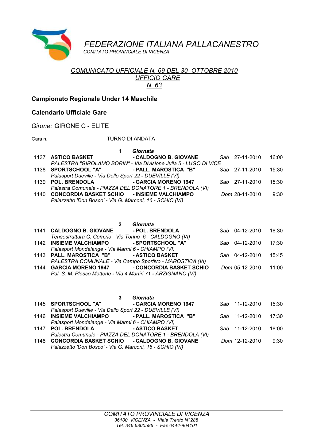 Federazione Italiana Pallacanestro Comitato Provinciale Di Vicenza