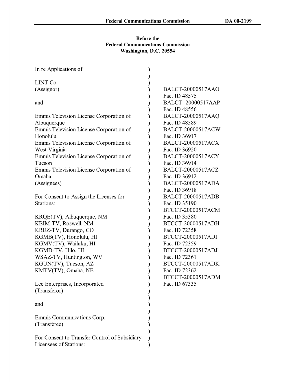 In Re Applications of LINT Co. (Assignor) and Emmis Television