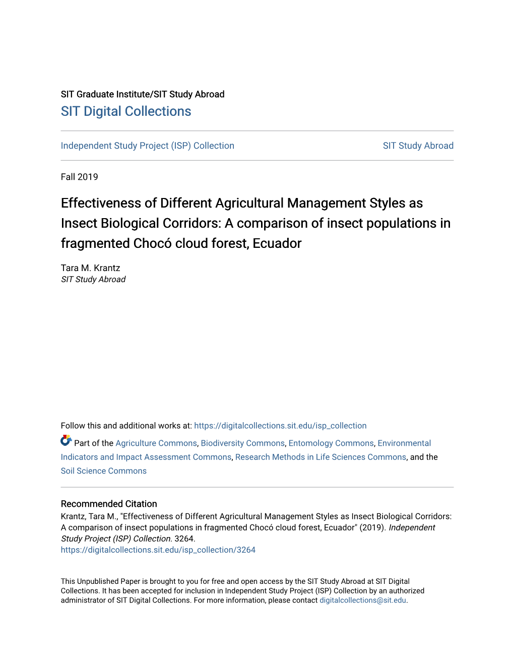 A Comparison of Insect Populations in Fragmented Chocó Cloud Forest, Ecuador