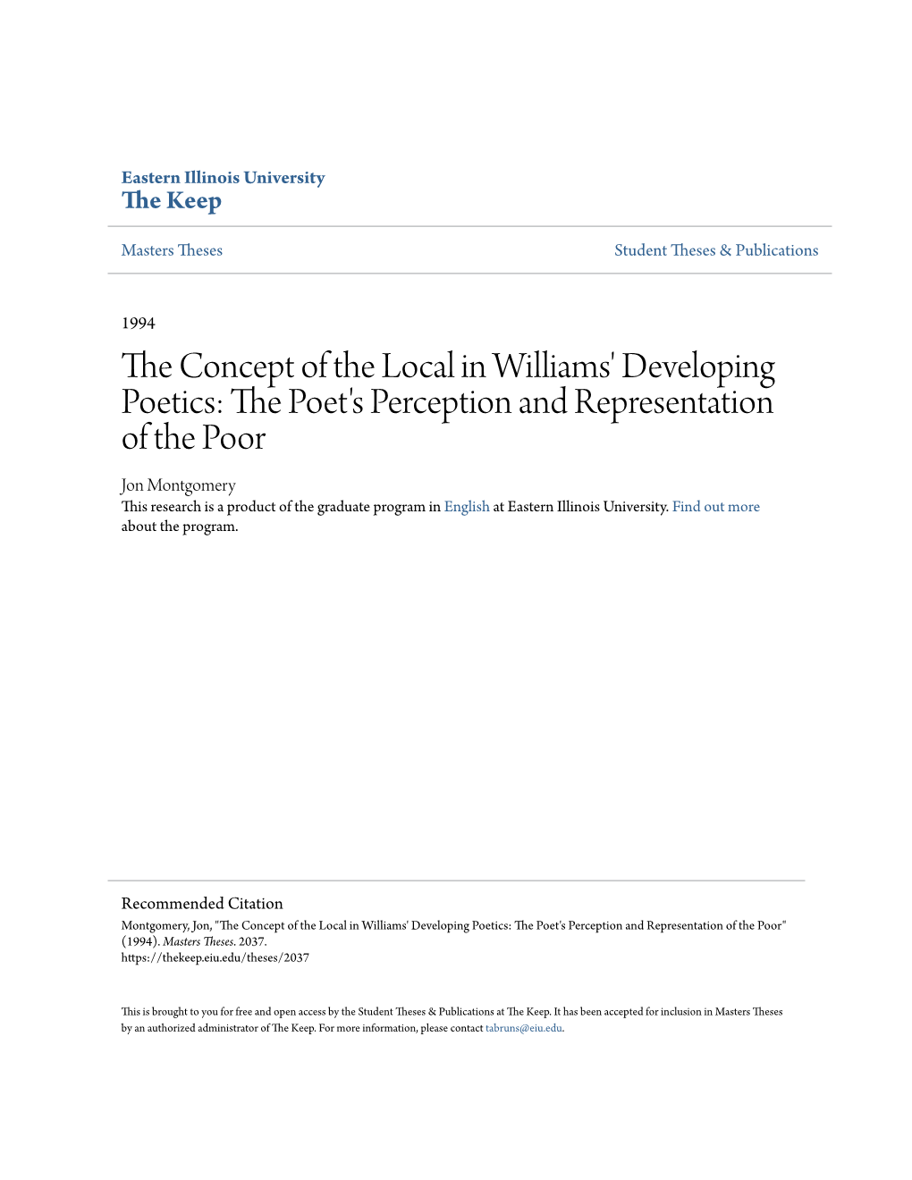 The Concept of the Local in Williams' Developing Poetics: the Poet's