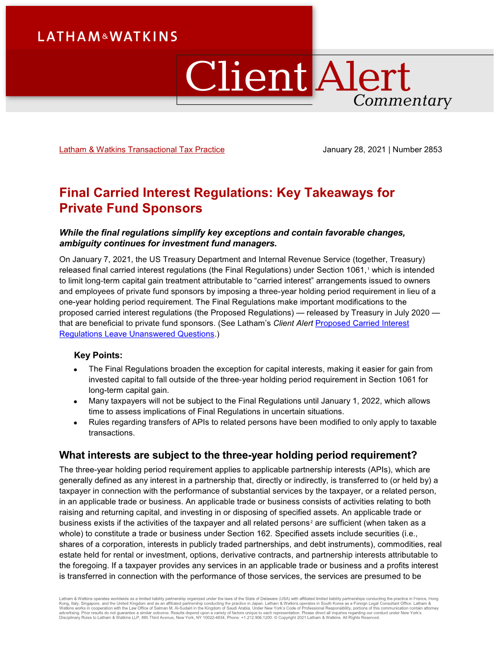 Final Carried Interest Regulations: Key Takeaways for Private Fund Sponsors