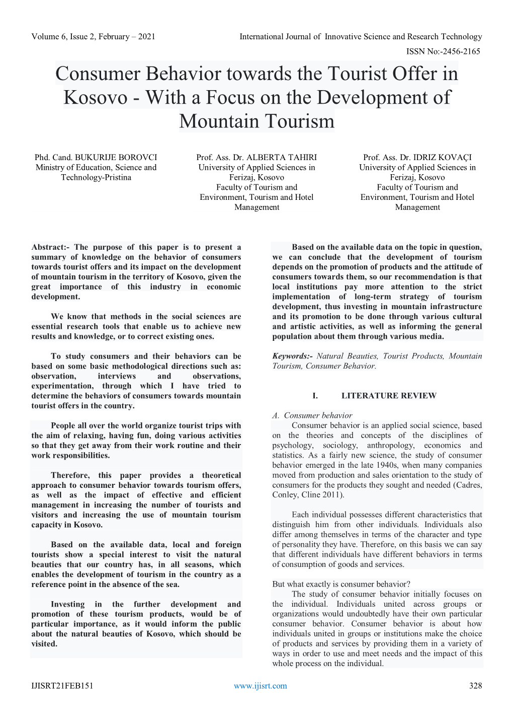 Consumer Behavior Towards the Tourist Offer in Kosovo - with a Focus on the Development of Mountain Tourism