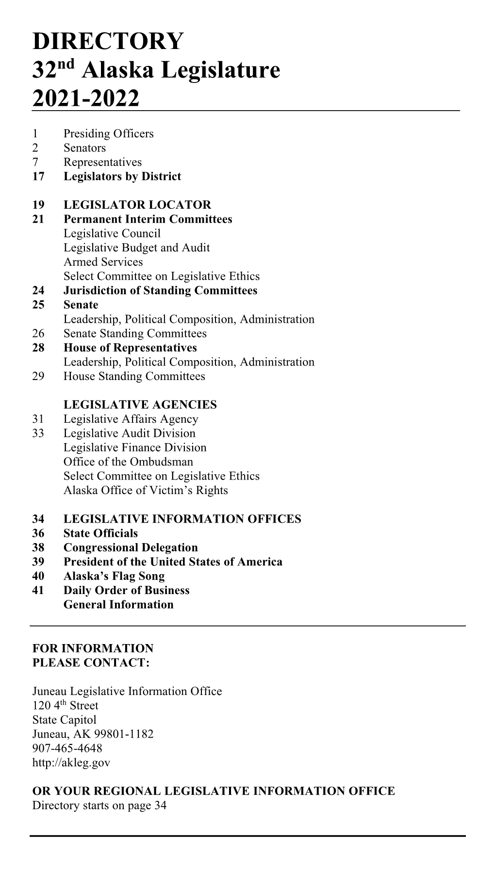 DIRECTORY 32Nd Alaska Legislature 2021-2022