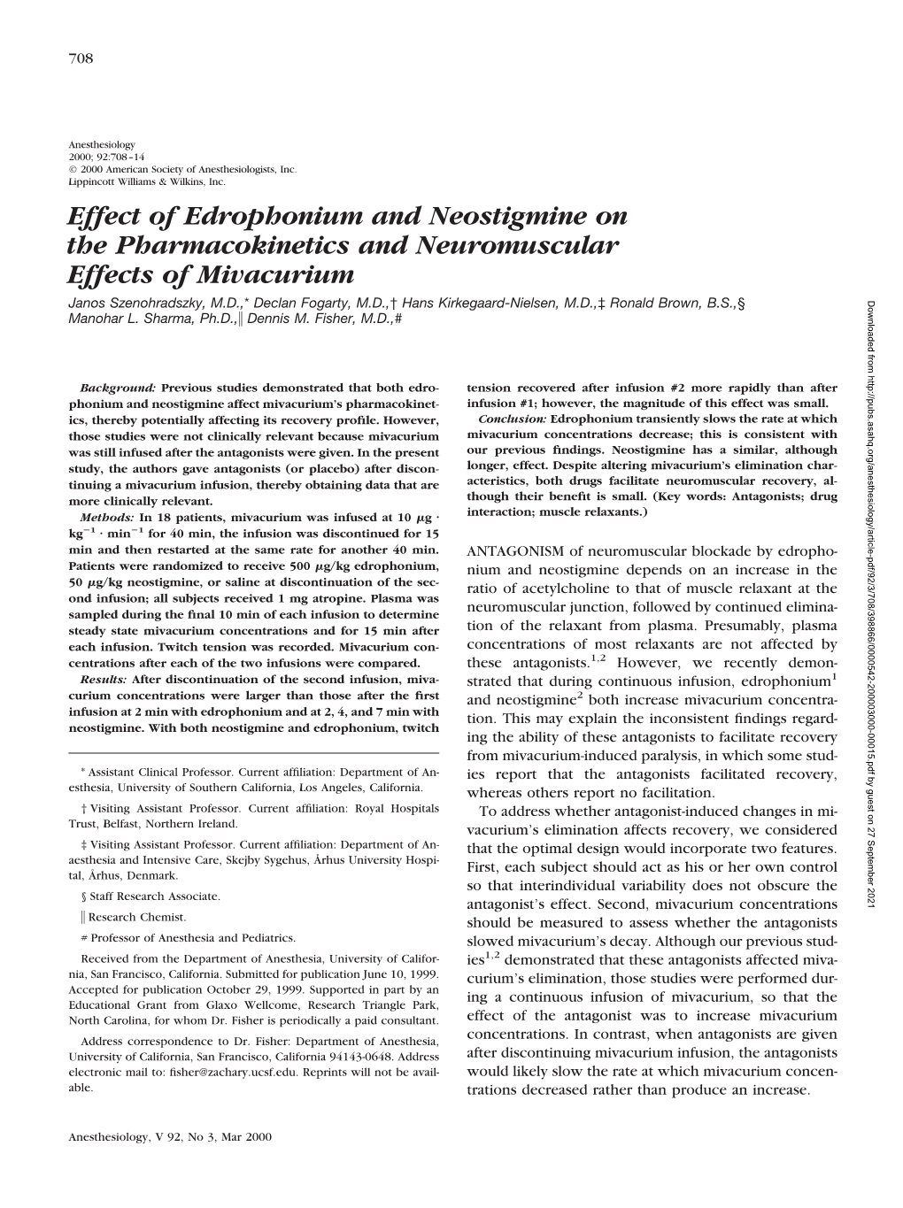 Effect of Edrophonium and Neostigmine on the Pharmacokinetics and Neuromuscular Effects of Mivacurium