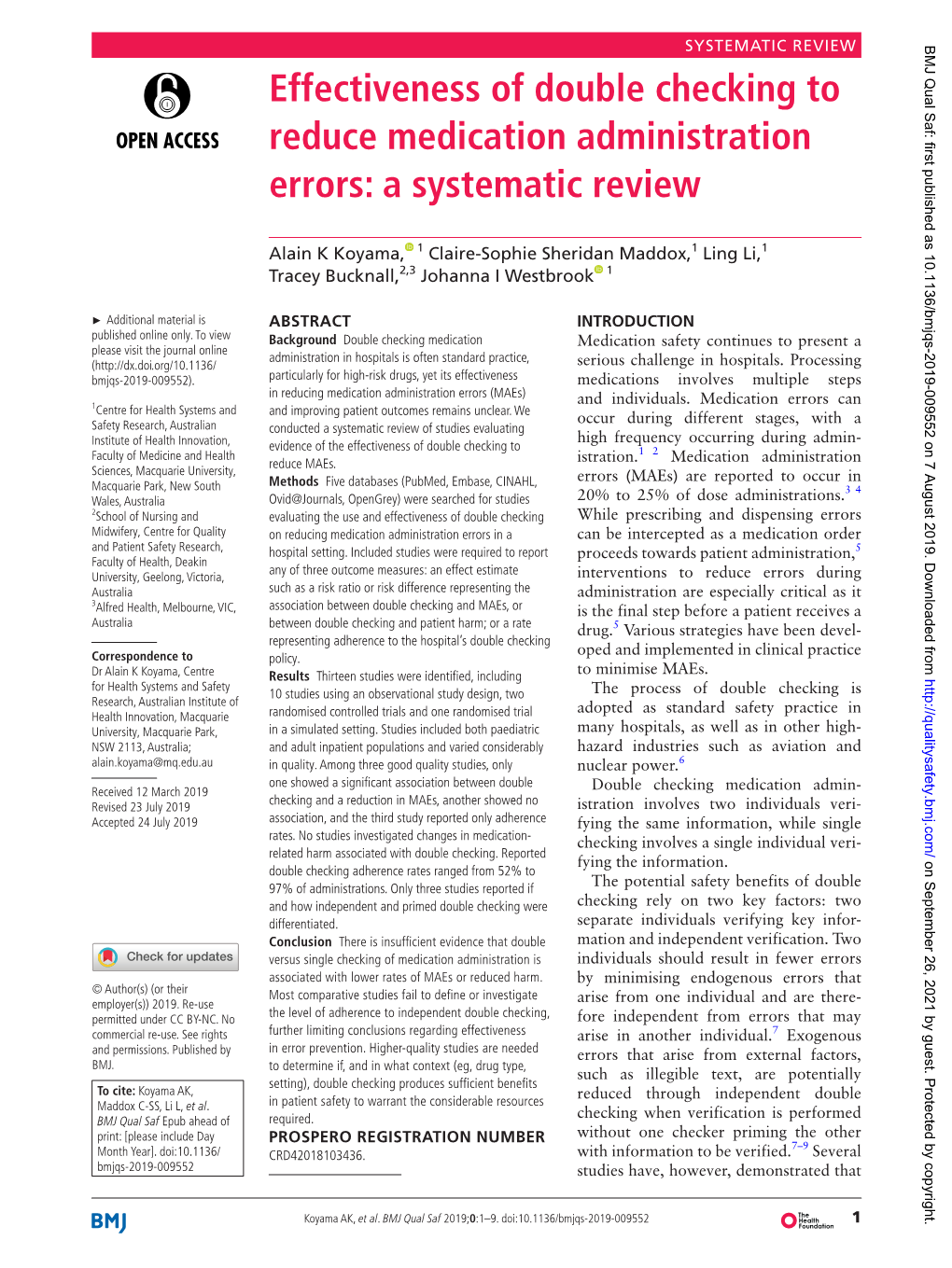 Effectiveness of Double Checking to Reduce Medication Administration Errors: a Systematic Review