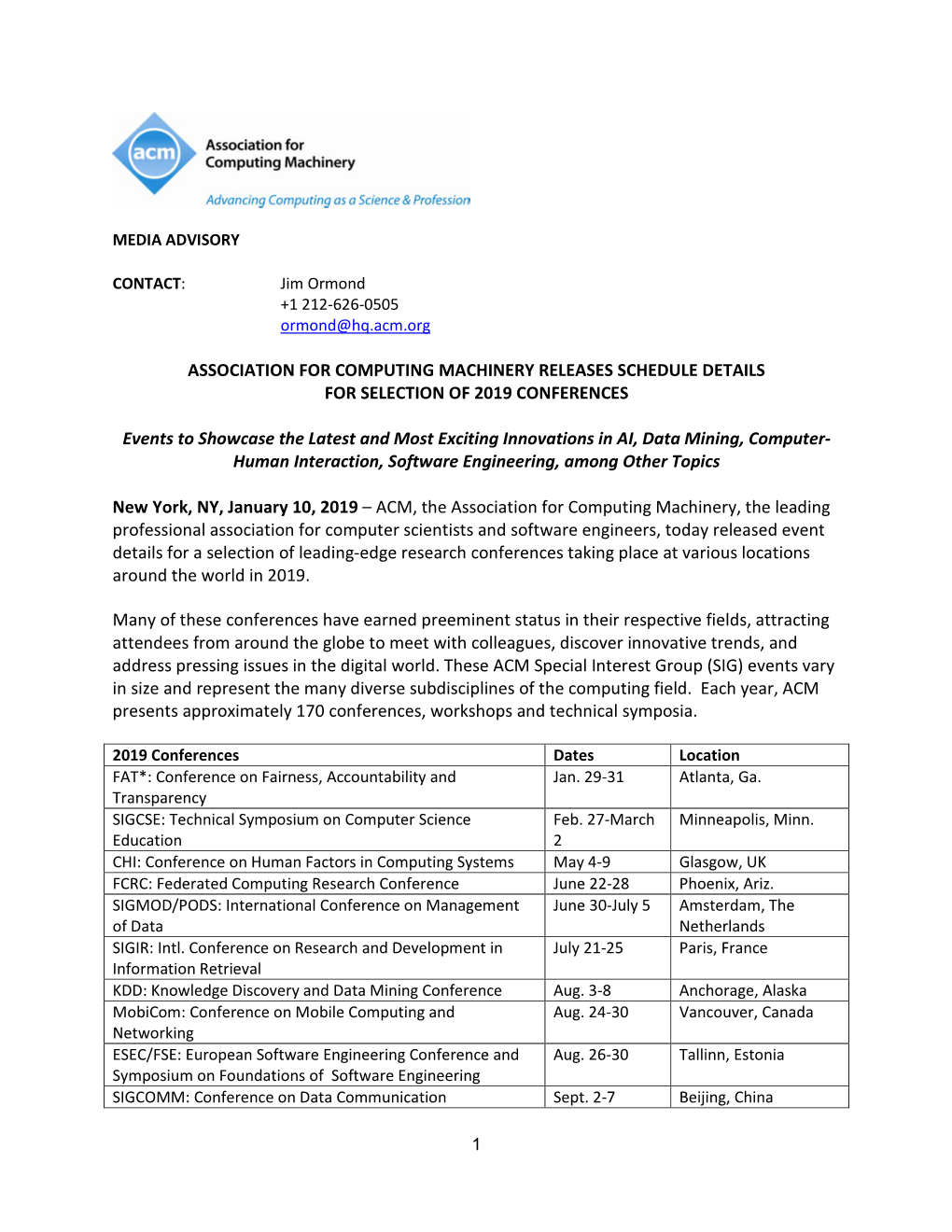 Association for Computing Machinery Releases Schedule Details for Selection of 2019 Conferences