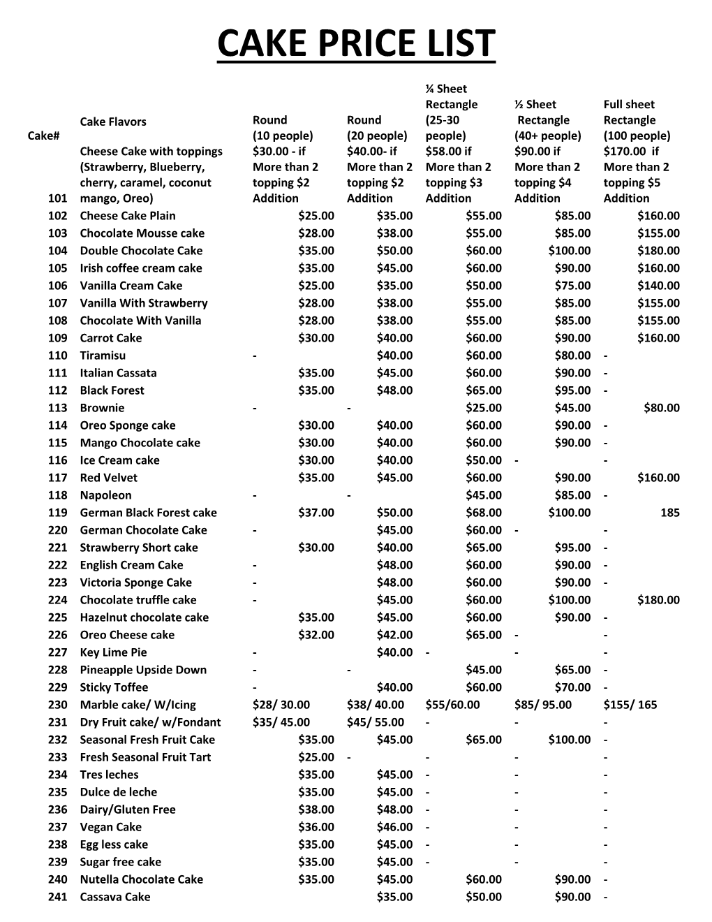 Cake Price List