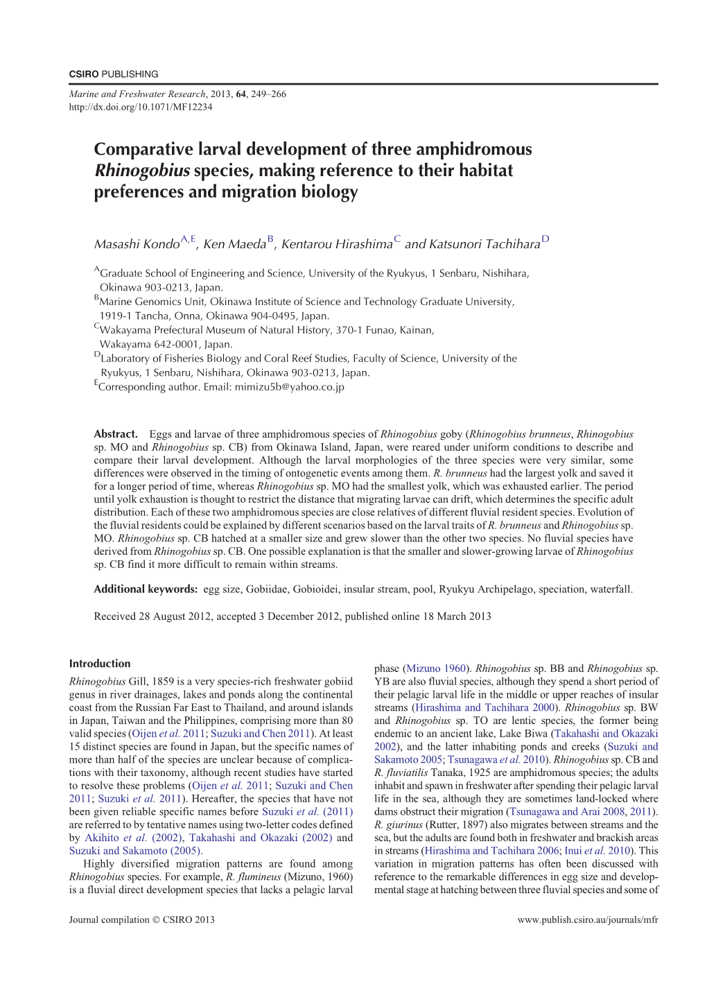 Comparative Larval Development of Three Amphidromous Rhinogobius Species, Making Reference to Their Habitat Preferences and Migration Biology