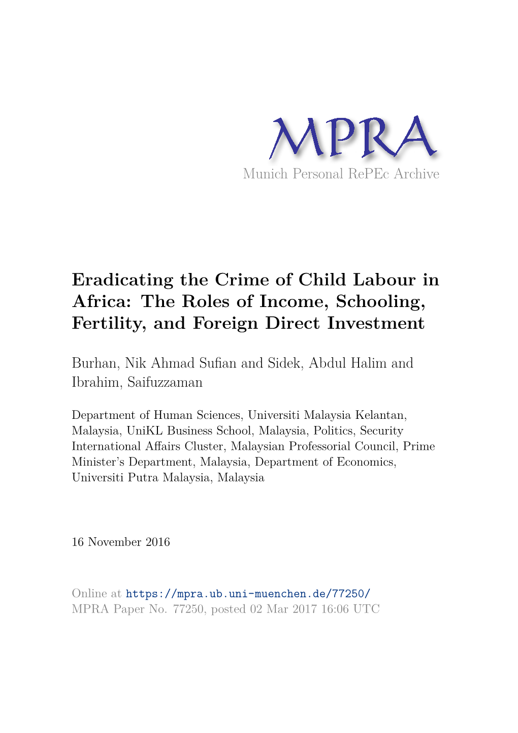 Eradicating the Crime of Child Labour in Africa: the Roles of Income, Schooling, Fertility, and Foreign Direct Investment
