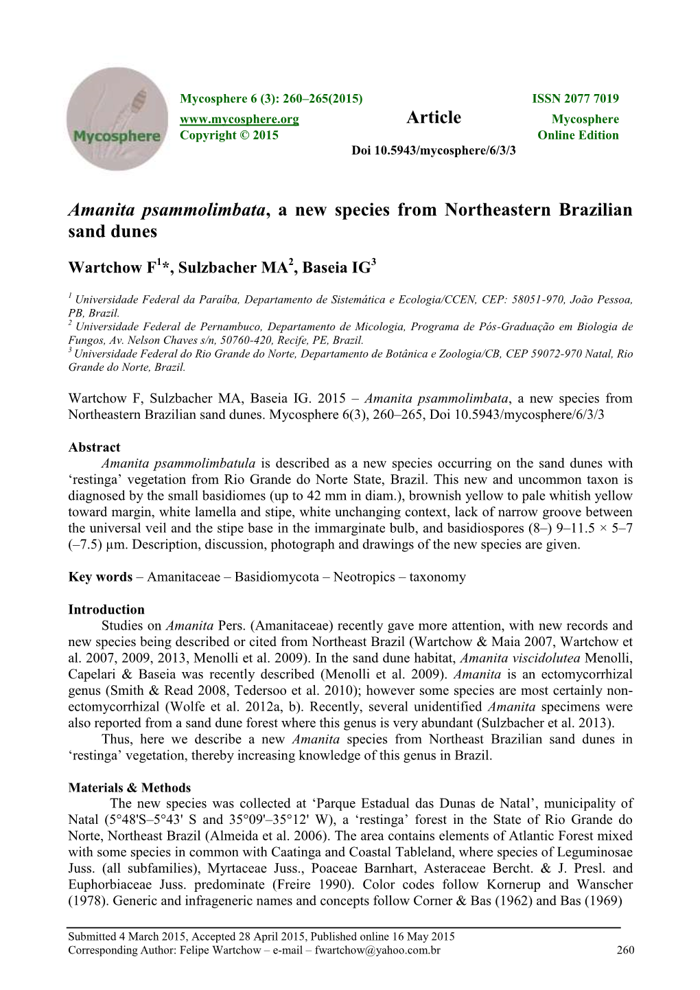 Amanita Psammolimbata, a New Species from Northeastern Brazilian Sand Dunes