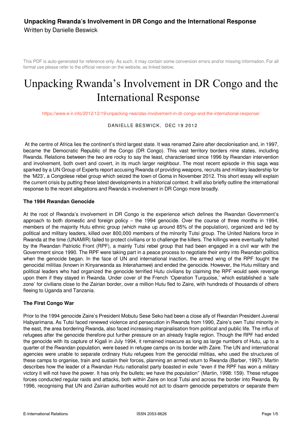 Unpacking Rwanda's Involvement in DR Congo and the International