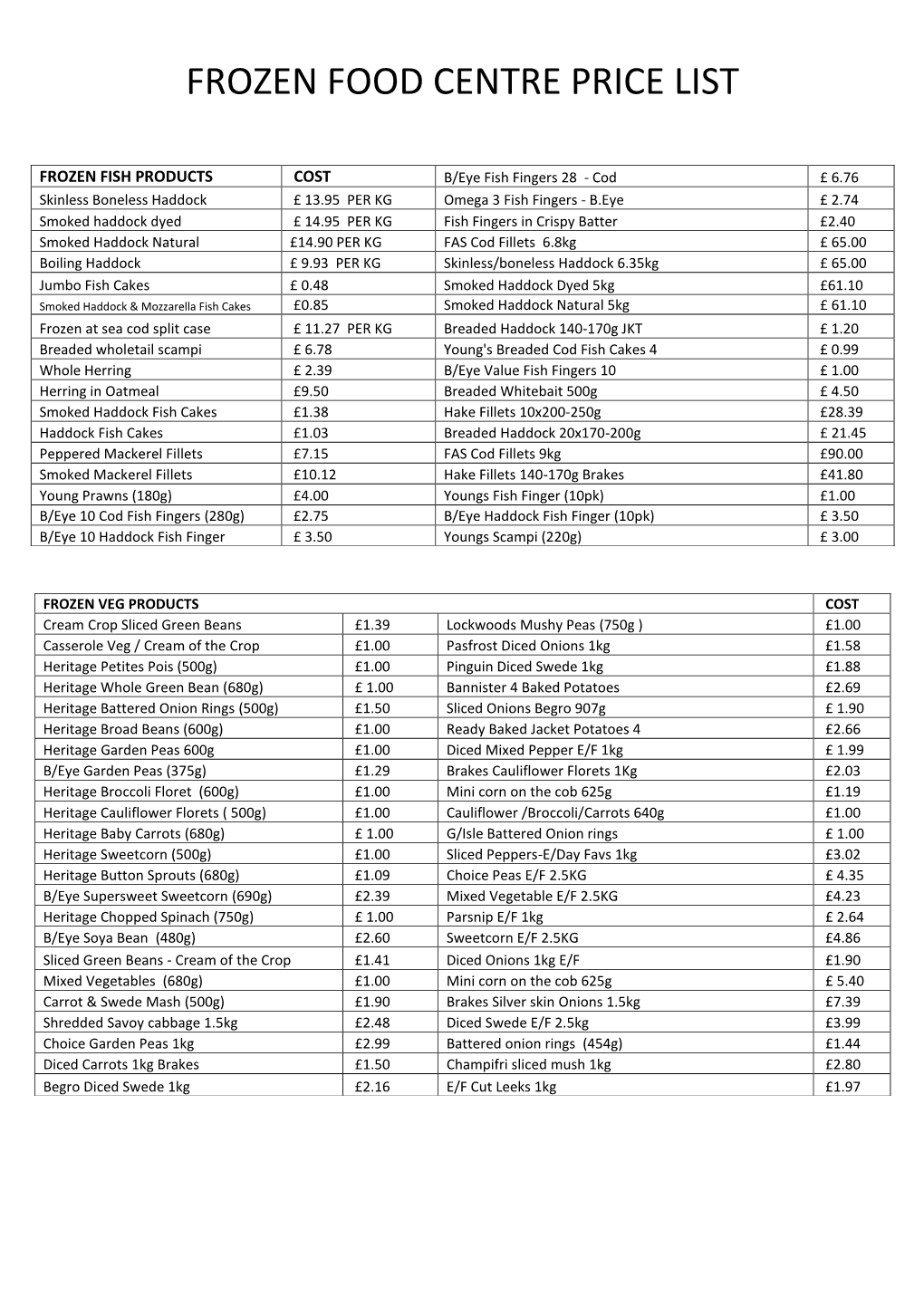 Frozen Food Centre Price List