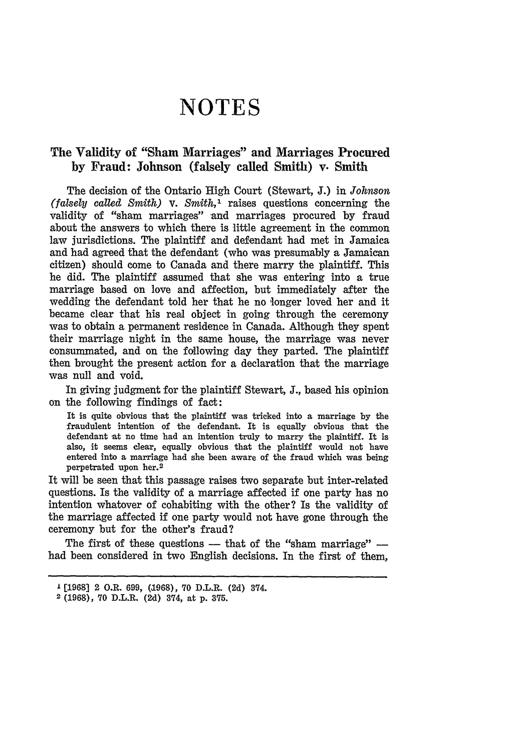 The Validity of "Sham Marriages" and Marriages Procured by Fraud: Johnson (Falsely Called Smith) V