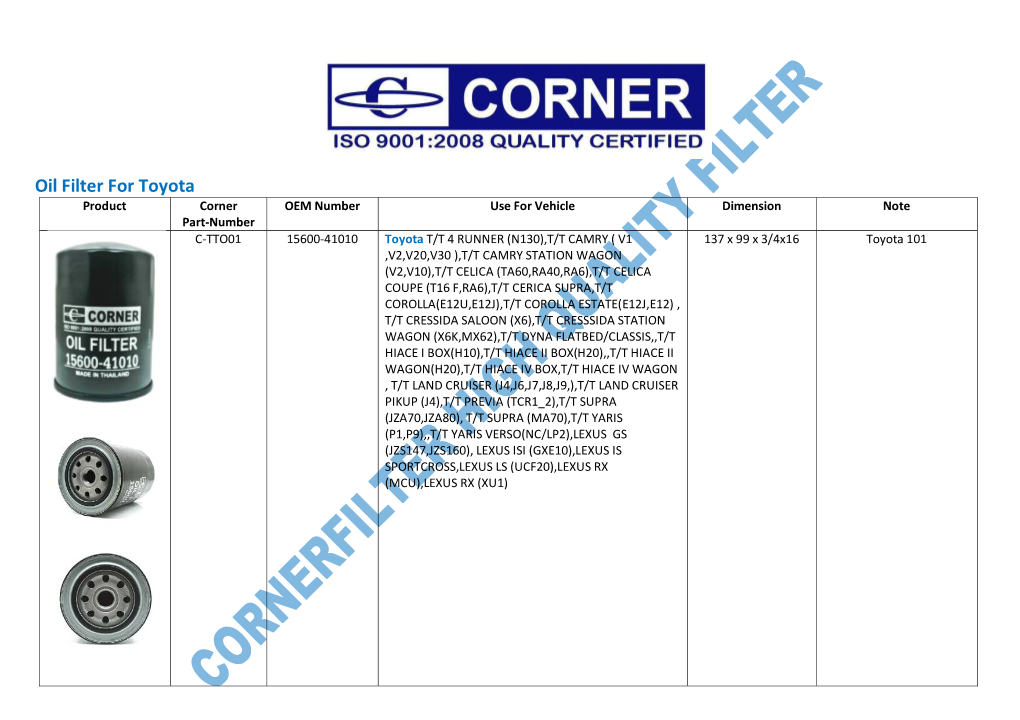 Oil Filter for Toyota -.:: Corner Filter