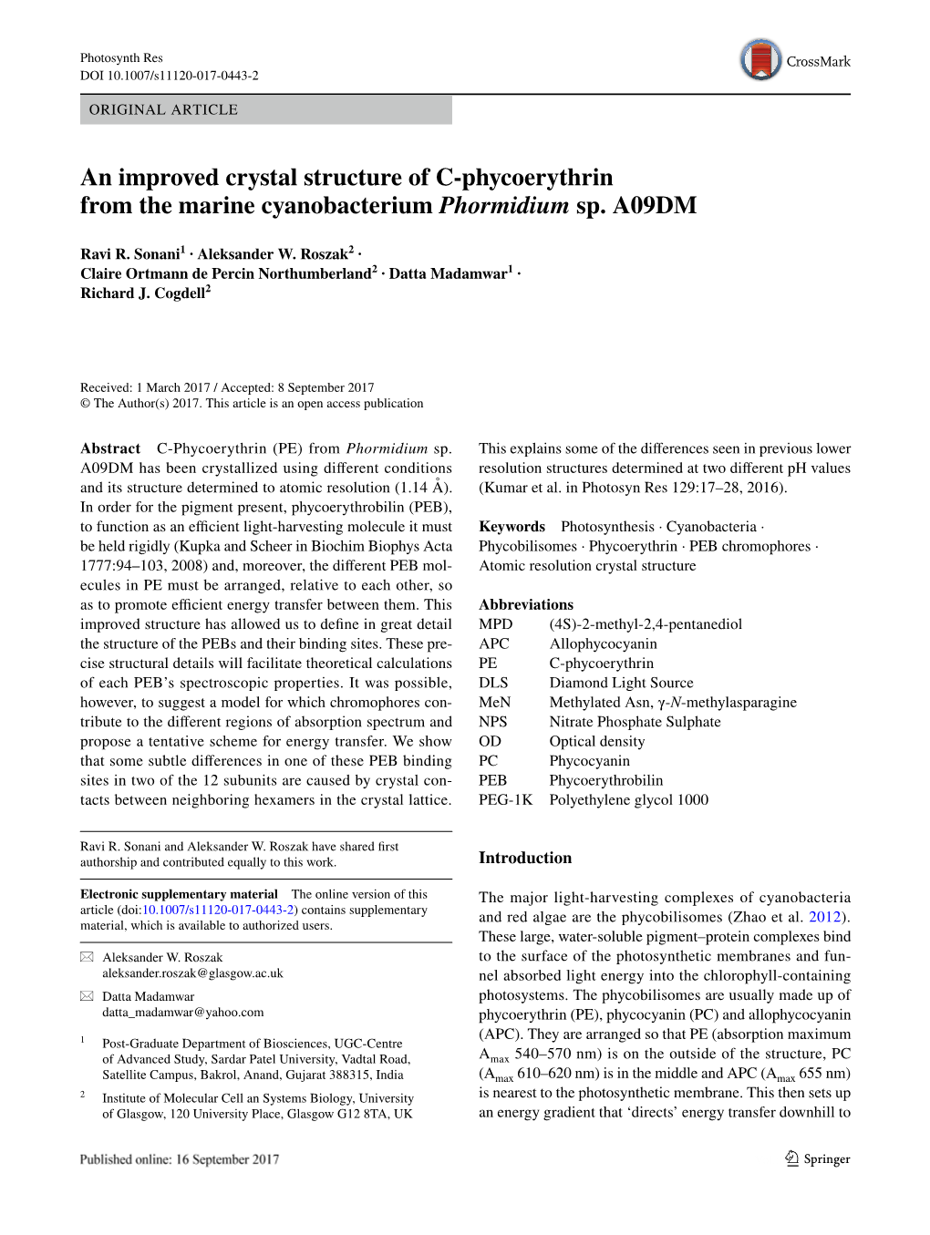 An Improved Crystal Structure of C-Phycoerythrin from the Marine Cyanobacterium Phormidium Sp