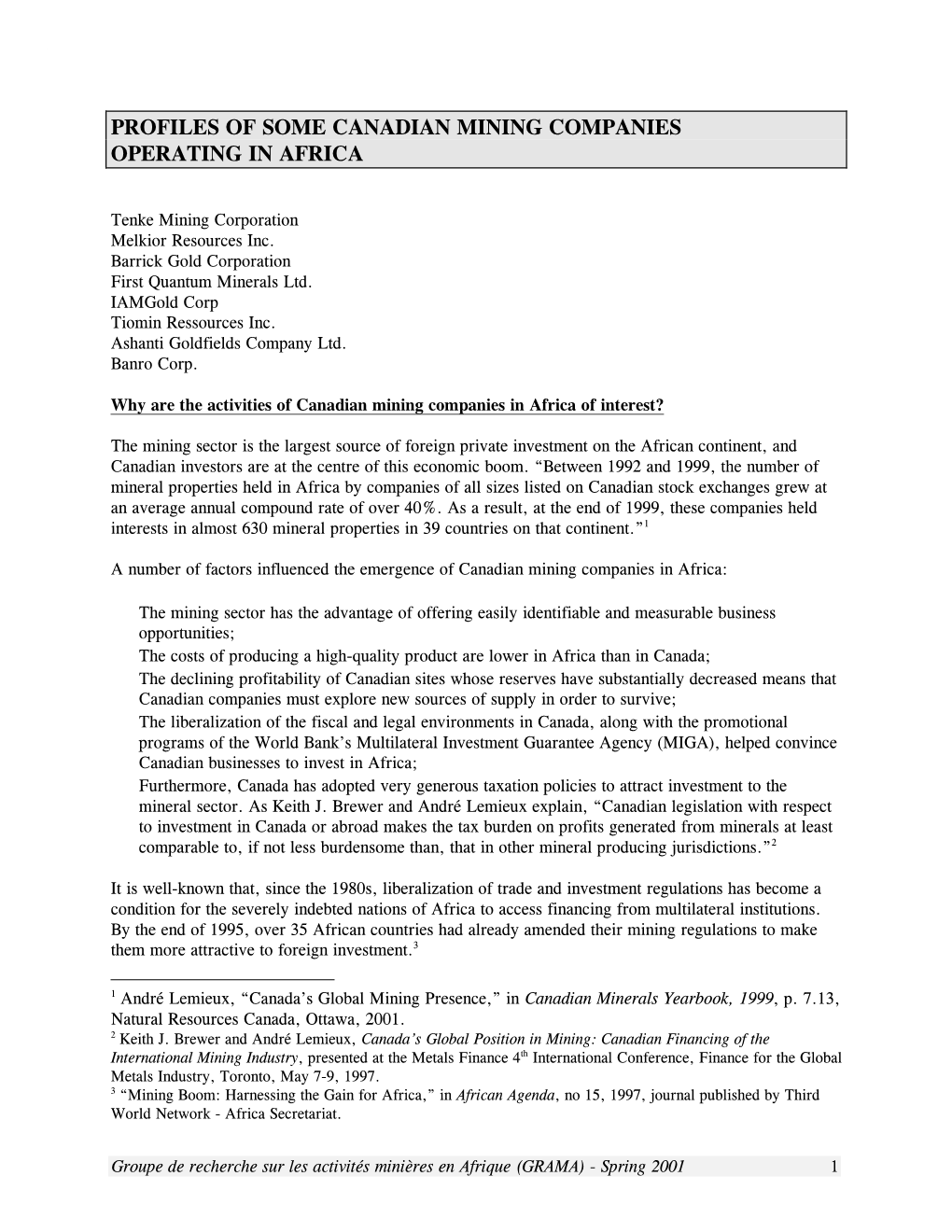 Profiles of Some Canadian Mining Companies Operating in Africa