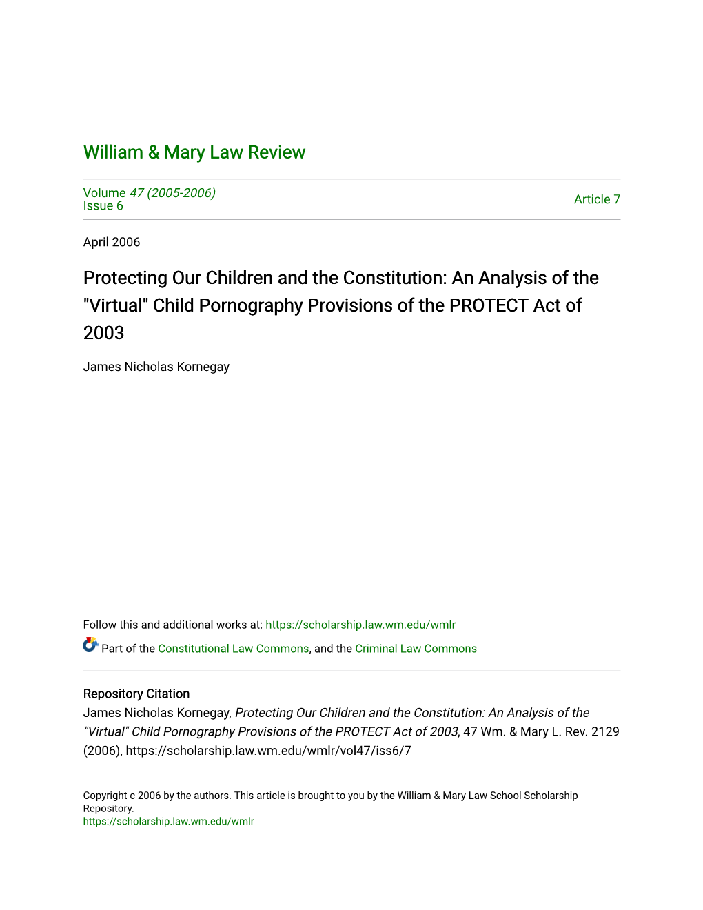 An Analysis of the "Virtual" Child Pornography Provisions of the PROTECT Act of 2003