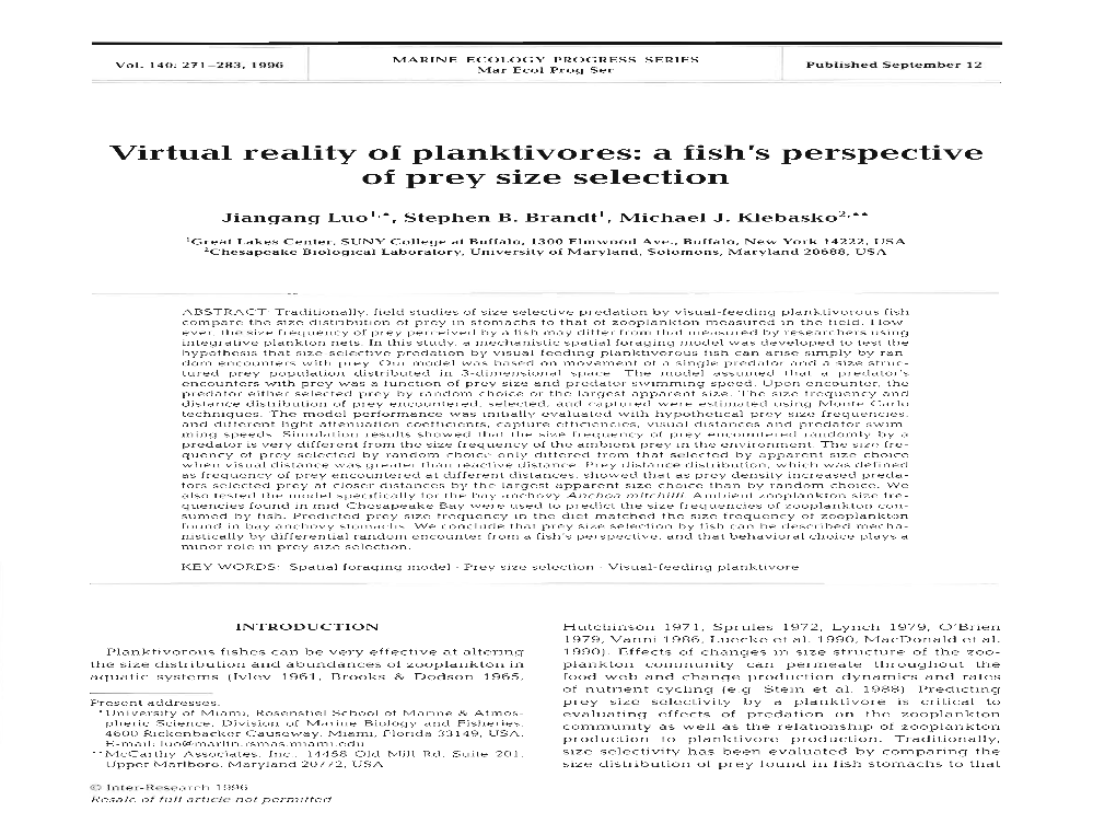 Virtual Reality of Planktivores: a Fish's Perspective of Prey Size Selection