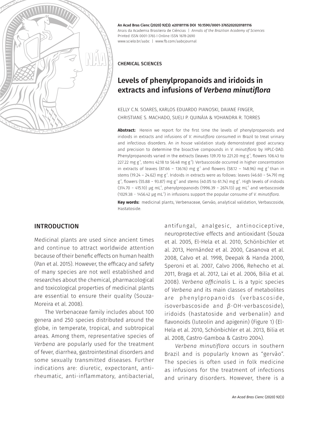 Levels of Phenylpropanoids and Iridoids in Extracts and Infusions of Verbena Minutiflora