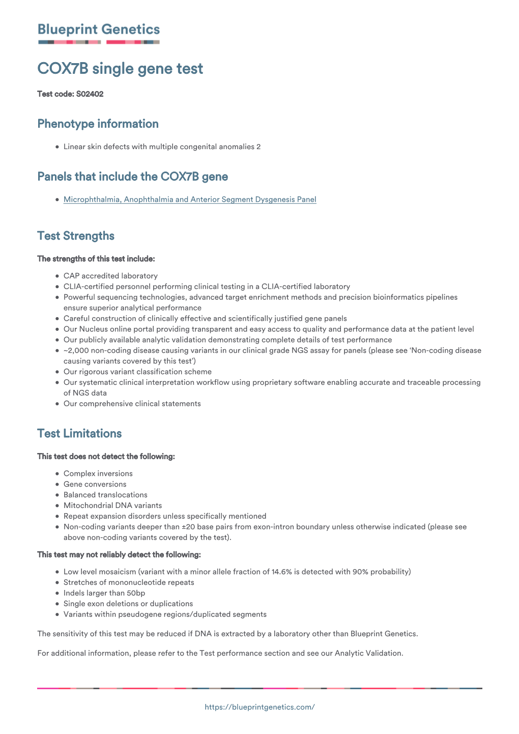 Blueprint Genetics COX7B Single Gene Test