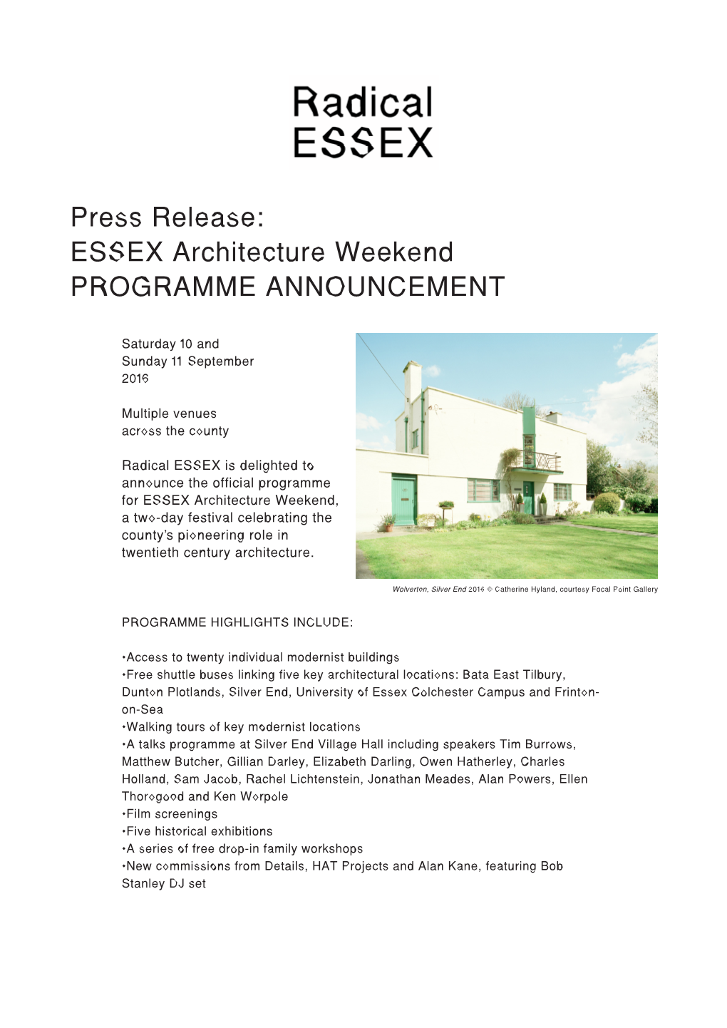 Press Release: ESSEX Architecture Weekend PROGRAMME ANNOUNCEMENT