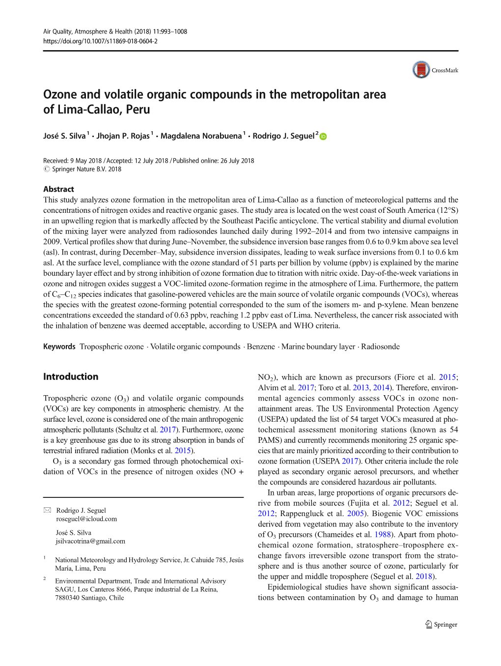 Ozone and Volatile Organic Compounds in the Metropolitan Area of Lima-Callao, Peru