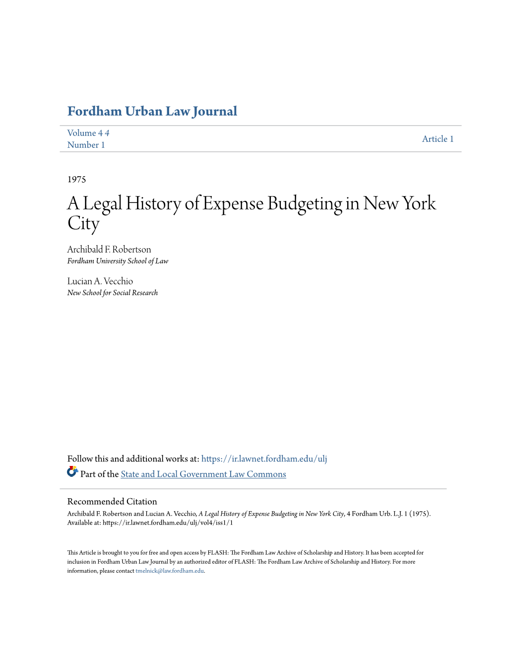 A Legal History of Expense Budgeting in New York City Archibald F