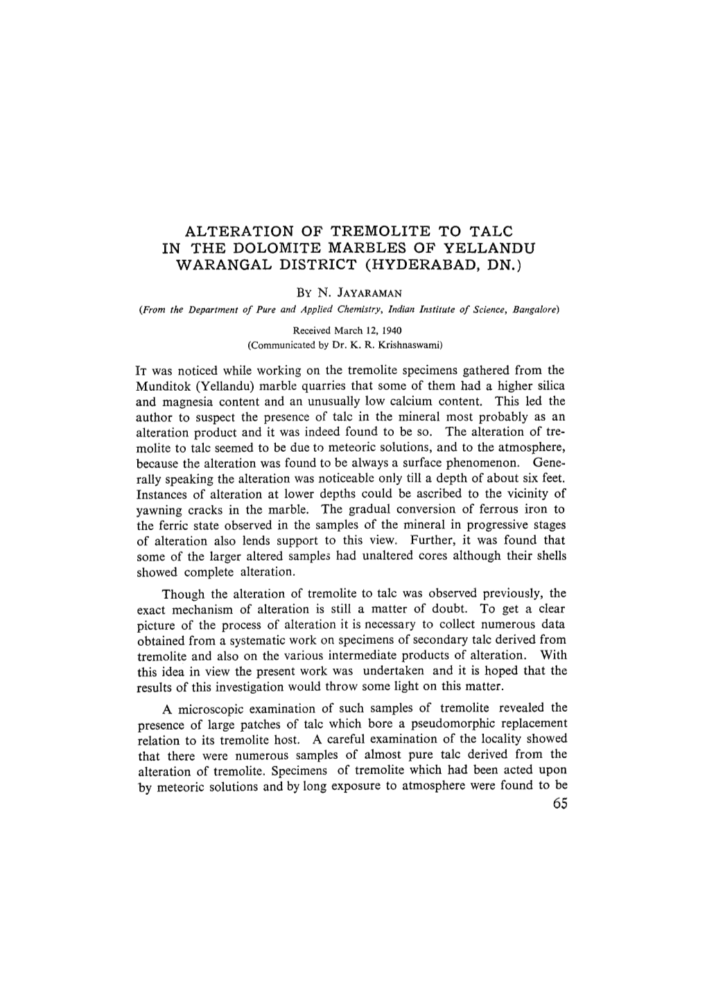 Alteration of Tremolite to Talc in the Dolomite Marbles of Yellandu Warangal District (Hyderabad, Dn.)