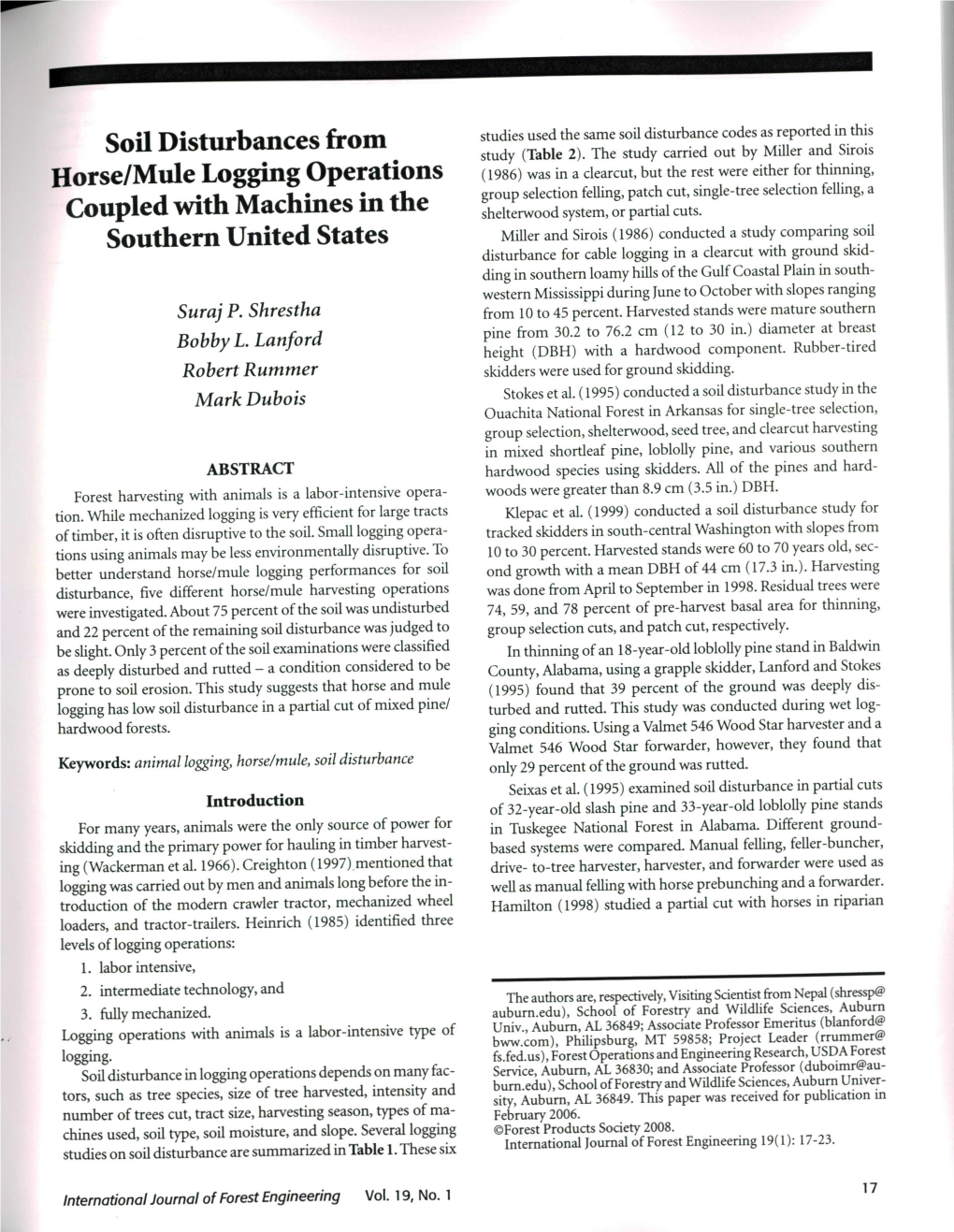 Soil Disturbances from Horse/Mule Logging Operations Coupled With