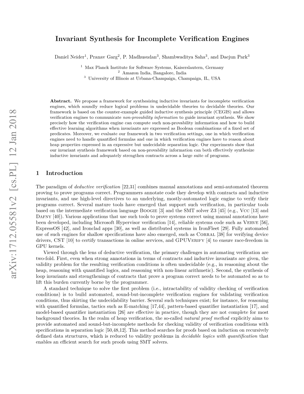 Invariant Synthesis for Incomplete Verification Engines