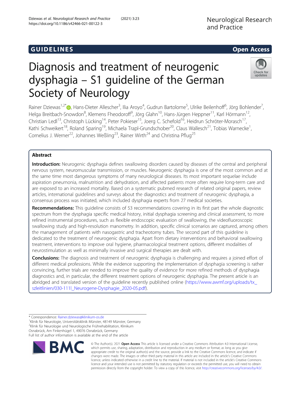 Diagnosis and Treatment of Neurogenic Dysphagia – S1