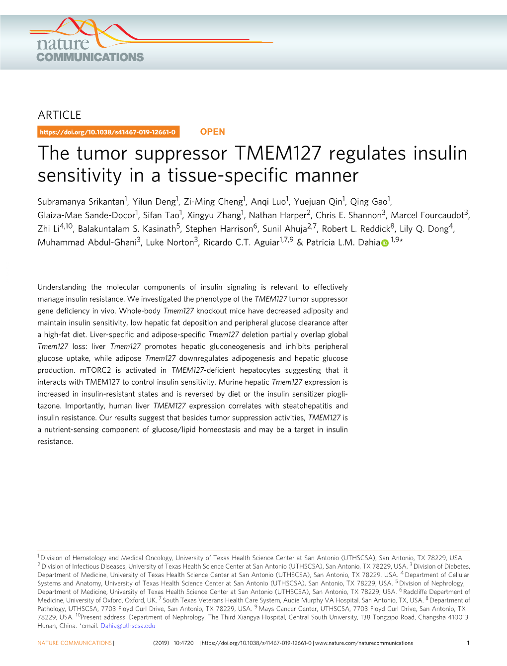 The Tumor Suppressor TMEM127 Regulates Insulin Sensitivity in a Tissue-Specific Manner