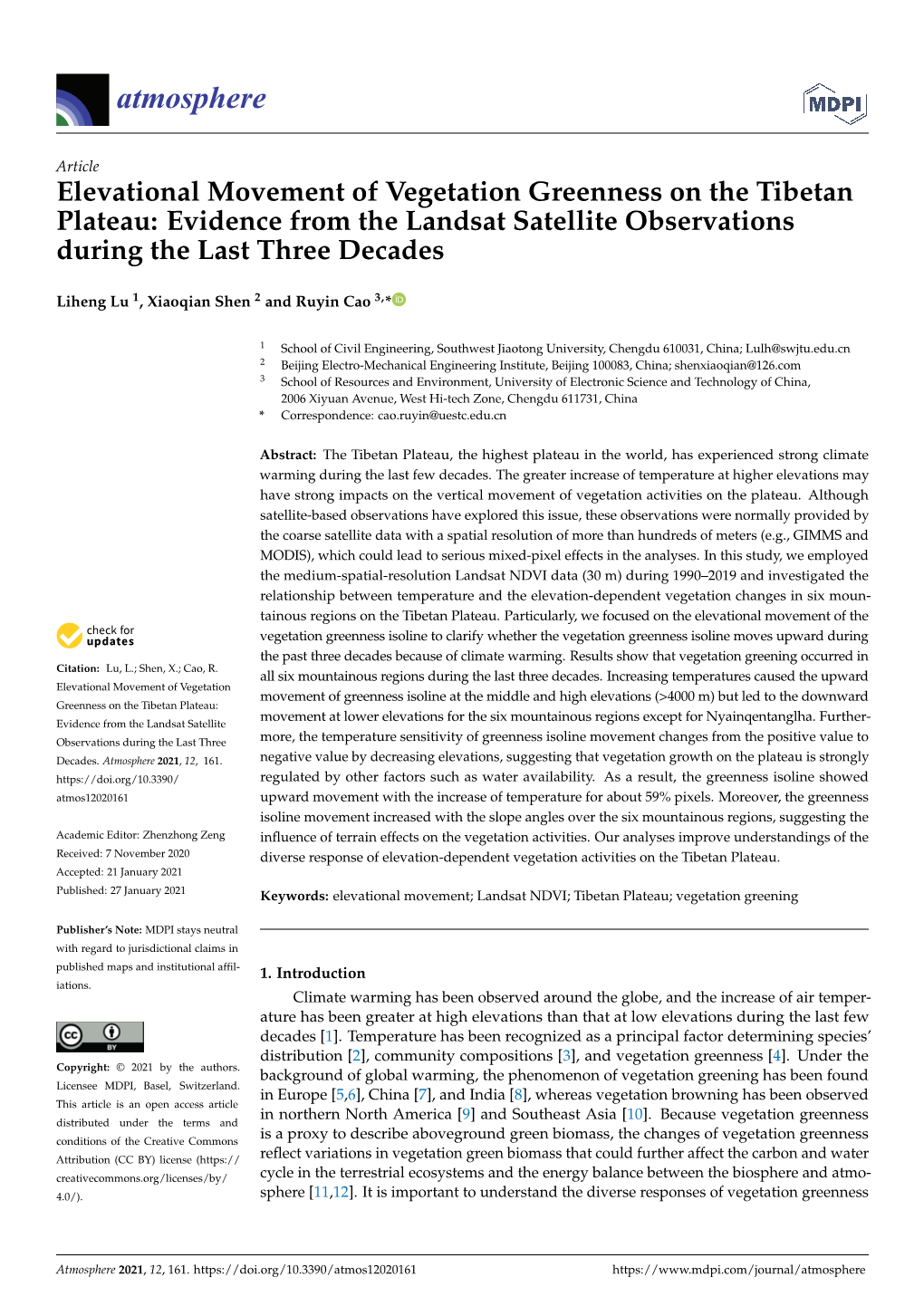 Elevational Movement of Vegetation Greenness on the Tibetan Plateau: Evidence from the Landsat Satellite Observations During the Last Three Decades