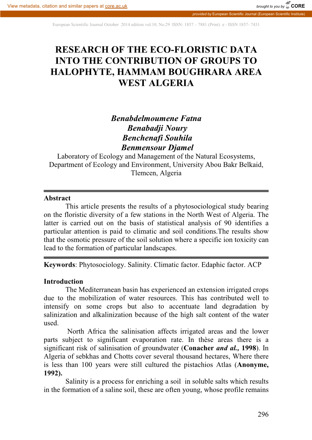 Research of the Eco-Floristic Data Into the Contribution of Groups to Halophyte, Hammam Boughrara Area West Algeria