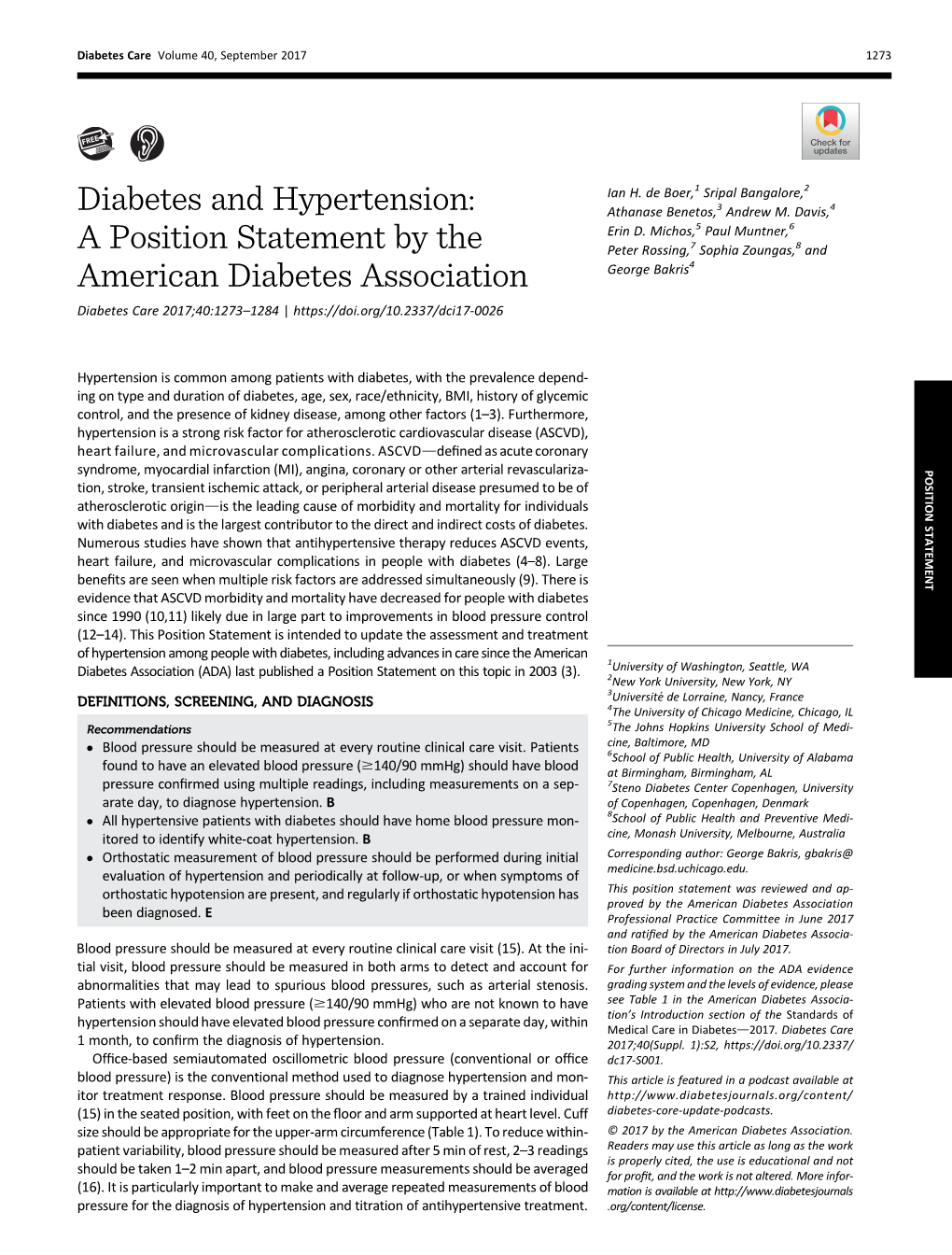 Diabetes and Hypertension: a Position Statement by the American