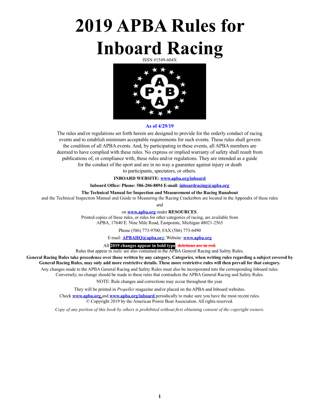 2019 APBA Rules for Inboard Racing ISSN #1549-604X