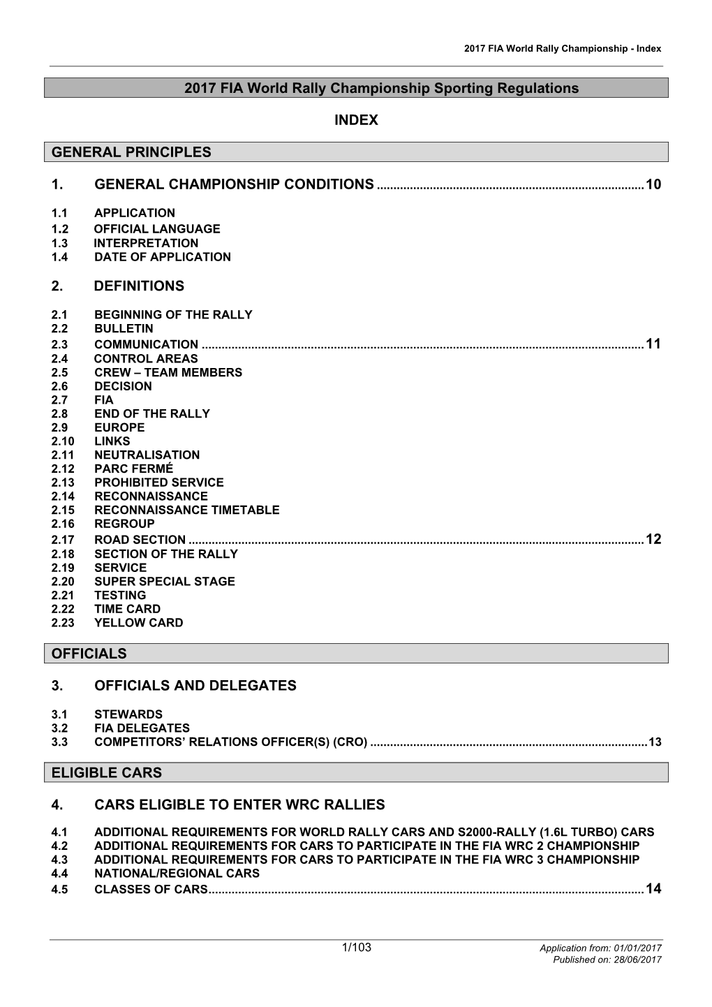 2017 FIA World Rally Championship Sporting Regulations INDEX