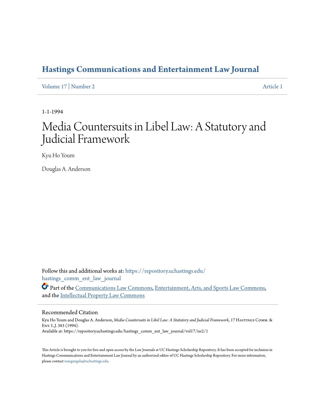 Media Countersuits in Libel Law: a Statutory and Judicial Framework Kyu Ho Youm