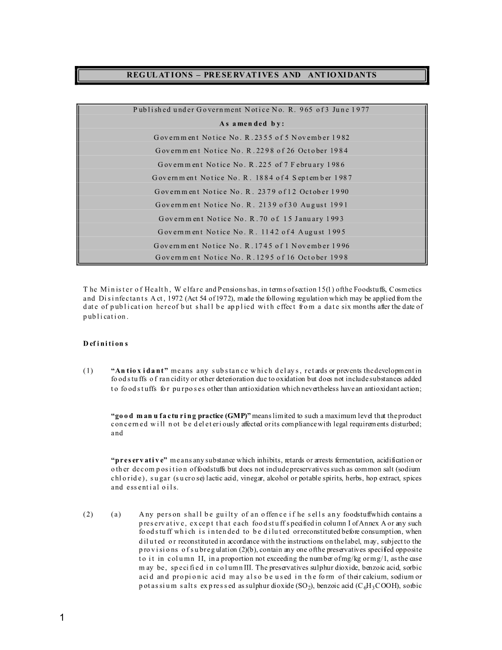 Preservatives and Antioxidants in Foodstuffs (R 965 of 1977)